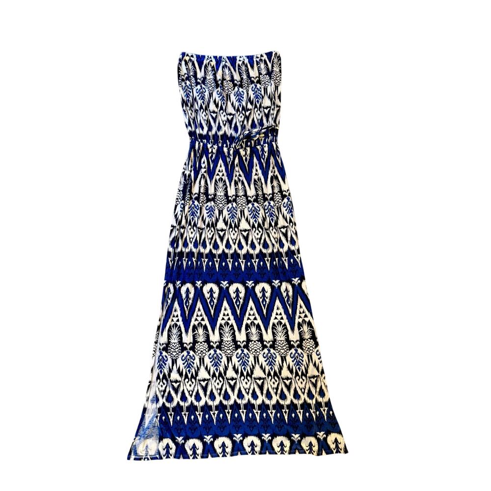 Tommy Bahama Blue and White Strapless Maxi Dress